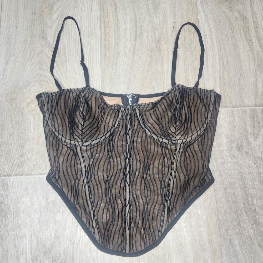White Fox Boutique Black Tan Mesh Embroidered Underwire Corset Top Size M